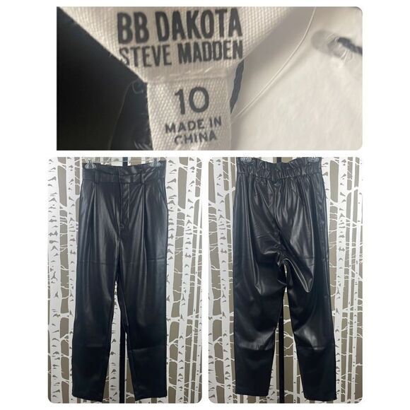 BB Dakota NEW $110 Black Faux Leather High Rise Paper Bag Waist Pants sz 10 - Picture 1 of 12